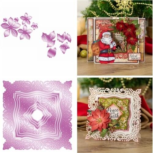 Layered Poinsettia Holly Foliage Vintage Square Frame Cutting Dies DIY Craft Paper Cards Scrapbooking 2020 Die Cut New