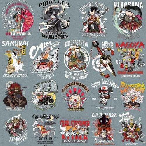 Fashion Anime Fashion Sticker Cartoon Animal Cool Animation Cat Katana warrior Heat Transfer DIY Mens T-shirt decorate