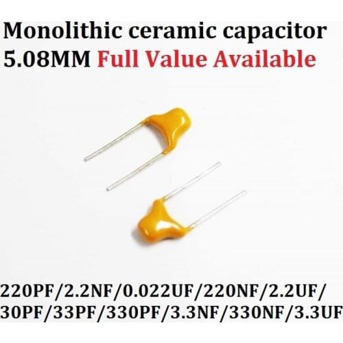 50PCS Monolithic Multilayer ceramic capacitor 221/222/223/224/225/300/330/331/332/334/335 220PF/2.2NF/0.022UF/220NF/ 50V 5.08MM