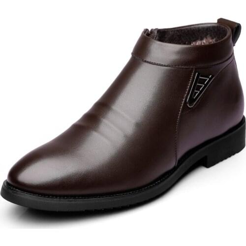 Business Chelsea Boots Mens Winter Ankle Boots Men Leather Zipper Side Thick Artificial Fur Snow Boots Men Winter Dress Shoes712