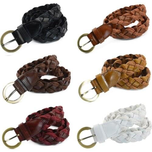 Men Women Vintage Round Buckle Belt Faux Leather Braided Casual Jeans Waistband BLTHG0343