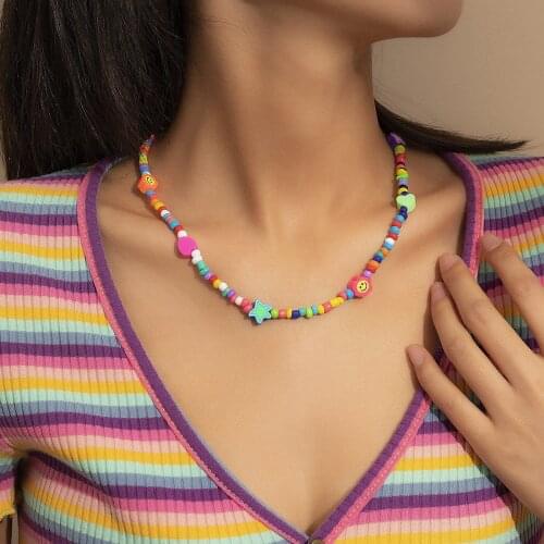Bohemian colorful beads hawaii smiley face heart choker necklace for women girls boho summer fruit Clavicle chain collar collier