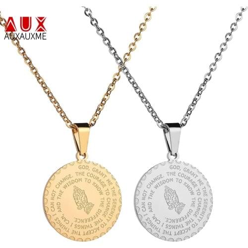Auxauxme Religious Praying Hands Bible Scriptures Pendant Necklace Round Stainless Steel Amulet Necklace For Women Men Collar