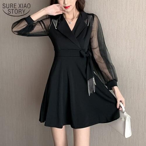 Korean Solid Empire Mini Sexy Dress Women Tassel Bow Party Winter Dress A-Line Long Sleeve Office Ladies Dresses Vestidos 12558