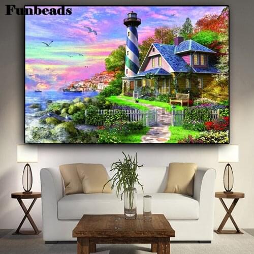 Full Square Round Diamond Painting sale Coast Villa Diamond Embroidery Kid Mosaic Rocky Bay Lighthouse Handicrafts Decor FF5610