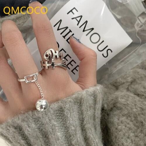 QMCOCO Punk Fashion Style Fish Bone Shape Ring Creative Design Ball Pendant Ring Vintage Handmade Party Jewelry Decoration