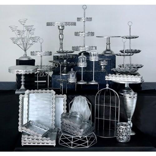 Silver Wedding Cake Stands Set with Crystal for Wedding Home Birthday Party Tableware Display Cupcake Plates Metal Food Tray