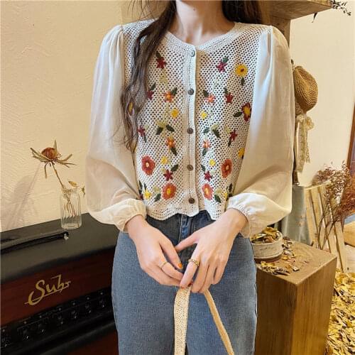 Chiffon Knitted Patchwork Women Shirts Autumn New 2021 Puff Sleeved Short Empired Sweet Female Outwear Coats Tops