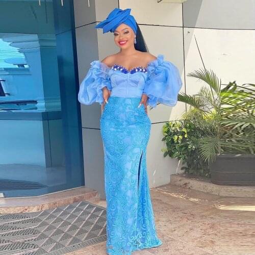 Blue Leg Split Mermaid Evening Dresses Off The Shoulder African Formal Prom Dress Puff Long Sleevs Party Gowns Lace