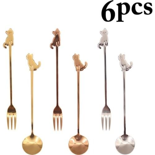 6 Pcs/Set Stainless Steel Dinnerware Sets Creative Coffee Tea Stirring Spoon Fruit Dessert Fork With Cat Shaped Design Tableware