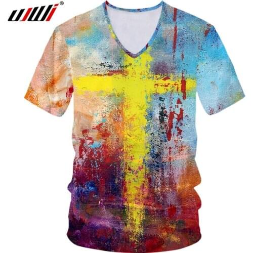 UJWI Fashion Mens Oil Painting V-Neck T-shirt Art Aesthetics Tee Male 3D Printing Cross Funny T-shirts Boy Top Dropshipping 5XL