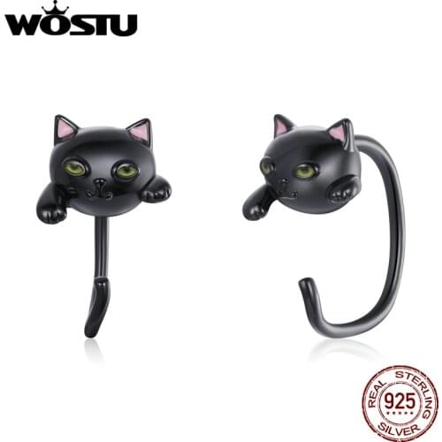 Wostu 2021 Earrings 925 Sterling Silver Small Black Cat Stud Earrings for Women Fine Jewelry Brincos Gift DXE1125