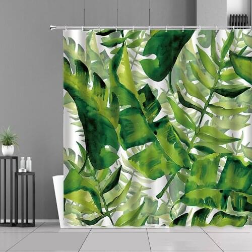 Tropical Plant Shower Curtain Flower Green Leaf Bath Curtains Home Bathroom Decor Screen Waterproof Polyester Fabric With Hooks