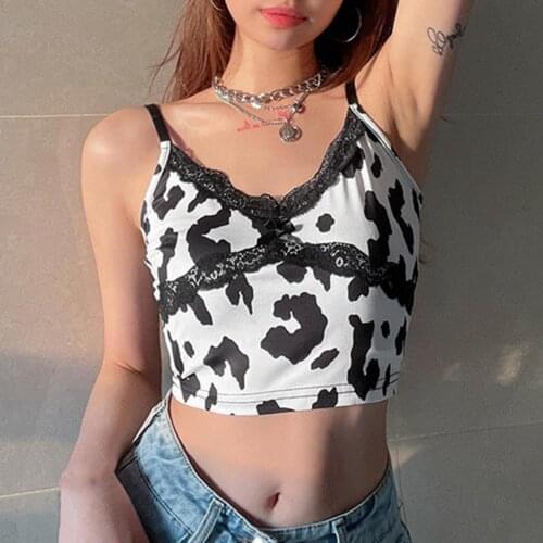 Sexy Women Camisole Top Lace Stitching Cow Print Summer Female Blouse Backless Sleeveless Sling V-neck Lady Crops Top Club Wear