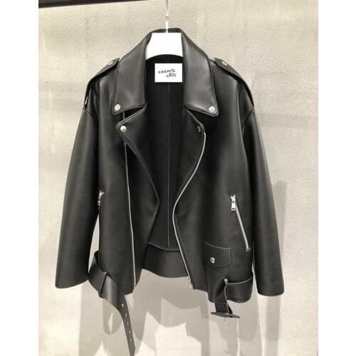 Womens Moto Biker Zipper Genuine Leather Sheepskin Casual Outwear Bomber Jacket Plus Size 2021 Autumn Winter