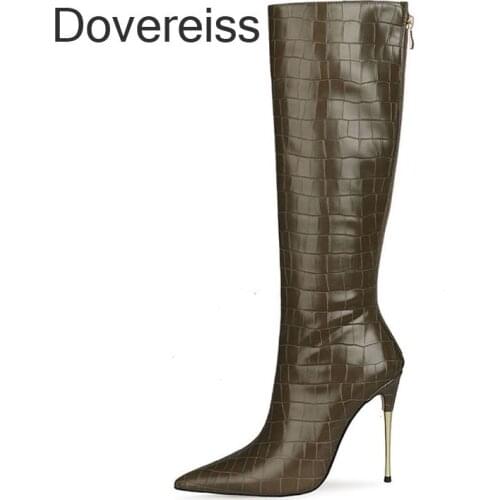 Dovereiss Fashion Female Boots Winter Green Sexy Elegant Pointed Toe Stilettos Heels Knee High Boots Big Size 44 45 46 47