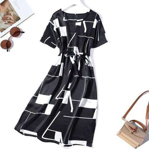 Womens 92% Natural Mulberry Silk 8% Spandex round neck short sleeve belted waist Black White Printed Long Dress L XL JN833