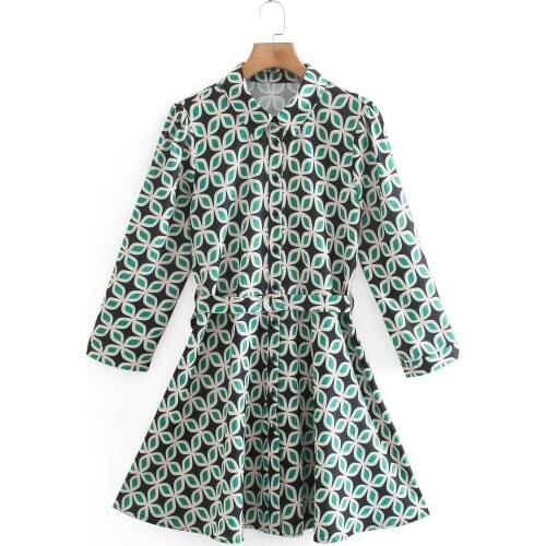 Spring Summer Women Dress Print Green Color Long Sleeve Elegant Fashion With Belt Female Vestidos Good Quality C2430