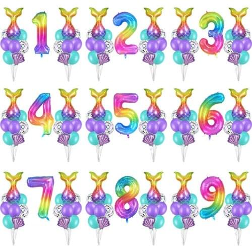 17pcs/set Mermaid Party Balloon Set 40inch Rainbow Number Foil Balloons Kids Birthday Party Decor Baby Shower Girls Favor Toys