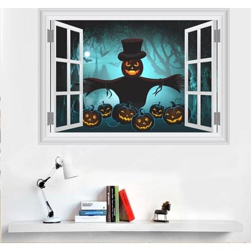 Pumpkin Lantern Scarecrow 3d Window Wall Stickers For Shop Home Decorations Halloween Festival Wall Mural Art Kids Room Decals