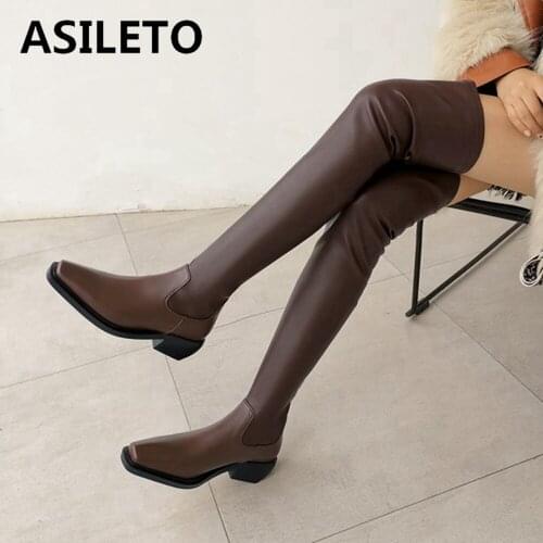 ASILETO 2021 Winter Genuine Leather Over Knee High Boots Slim Strength Square Toe Med Heels Slip On Bootie Black Brown 43 42