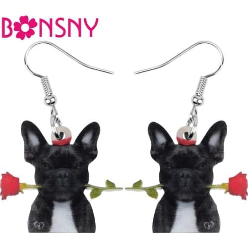 Bonsny Acrylic Valentines Day Black Bulldog Dog Rose Earrings Animal Drop Dangle Jewelry For Women Girls Teens Lover Charm Gift