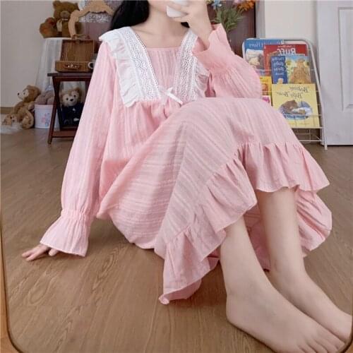 Home service autumn new style Korean sweet palace style lace nightdress female plus size loose underwear sexy nightwear robe