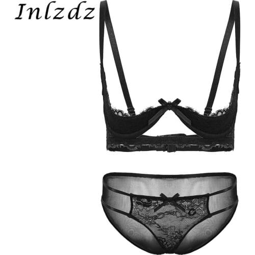 2Pcs Womens Erotic Sheer Lace Sex Lingerie Set 1/4 Sponge Cups Underwired Bra Top with Low Rise G-string Briefs Sexy Exotic Set