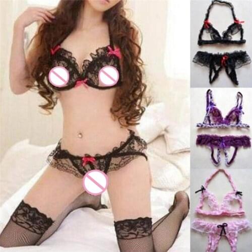 Womens Sexy Lace Open Crotch Thongs G-string Bikini Lingerie Underwear Bra Set