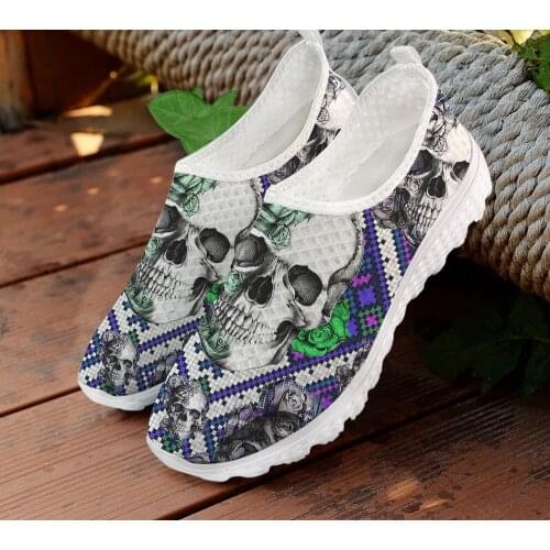 ELVISWORDS Retro Style Sugar Skull Design Comfortable Ladies Air Mesh Sneakers Casual Womens Flats Shoes Non-slip Woman Loafers