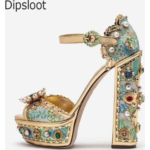 Summer Gemstone Studs Chunky High Heels Sandals Jacquard Cloth Golden Leather Peep Toe Platform Ankle Straps Pumps Wedding Shoes