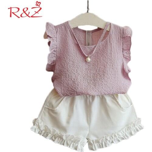R&Z 2017 Summer New Girl Chiffon Solid Color Sleeveless T-shirt + Shorts Suit 2 Pieces of Childrens Pearl Apparel Blue Pink k1