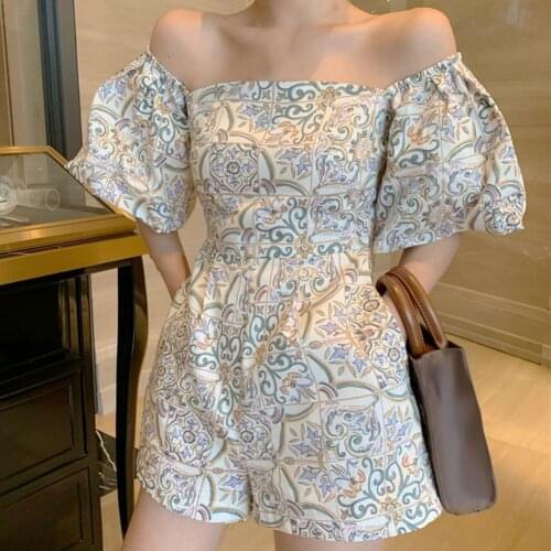 Fashion Women Playsuit Short Puff Sleeve Waist Tight Off Shoulder Floral Print Jumpsuit Romper Office Summer Shorts monos mujer