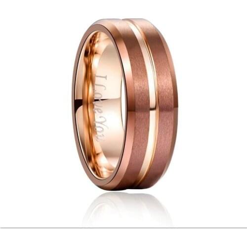 No Engrave I love you 8mm Width Tungsten Carbide Ring Brown Plating Rose Gold Color Middle Groove Tungsten Steel Mens Ring