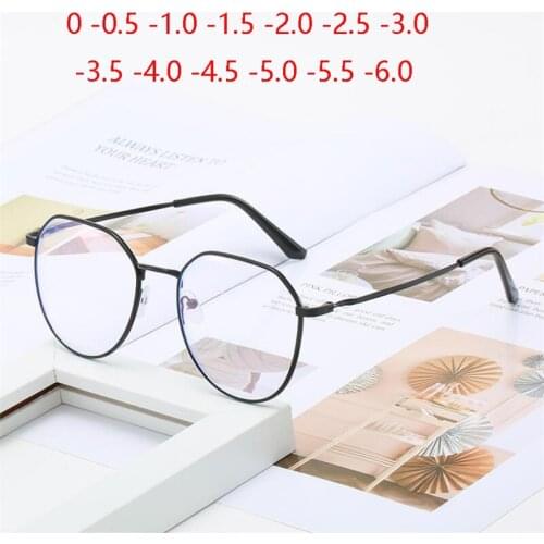 Anti Blue Rays Polygon Nearsighted Eyeglasses Metal Myopic Lens Cat Eye Photochromic Prescription Eyewear 0 -0.5 -1.0 To -6