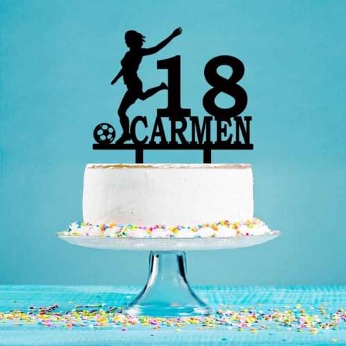 Personalized Party Cake Topper Custom Name Age Women Playing Football Silhouette For Birthday Party Cake Decoration Topper YC111