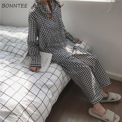 Pajama Sets Women Plaid Loose Basic Classic Korean Style Homewear Autumn New Fashion Sweet Fresh Long Sleeve Girls Pockets Ins