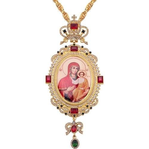 Orthodox Pectoral Cross Necklace Religious Icon Byzantine Catholic Crucifix Crown Full Colorful Crystal Pendant Long Necklace
