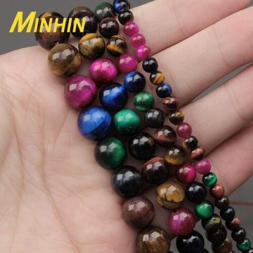 MINHIN Multicolor Tiger Eye Beads For Jewelry Making DIY Bracelet Charms Natural Gem Stone Round Beads 4/6/8/10MM