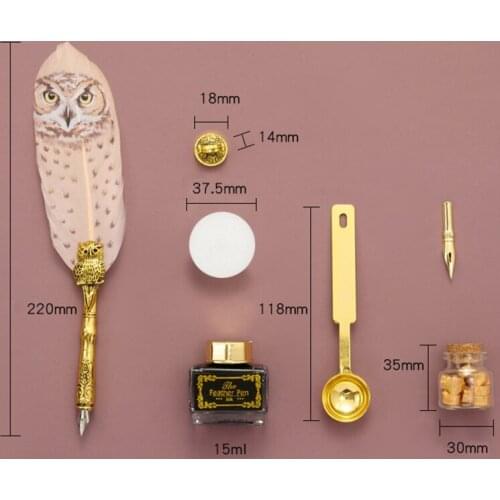 Retro Calligraphy Quill Owl Feather Dip Pen with Nib Wax Seal Stamp Gift Box Q1JC