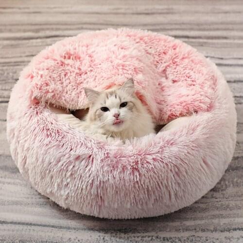 New Style Pet Dog Cat Bed Round Plush Cat Warm Bed House Soft Long Plush Bed For Small Dogs For Cats Nest 2 In 1 Cat Bed