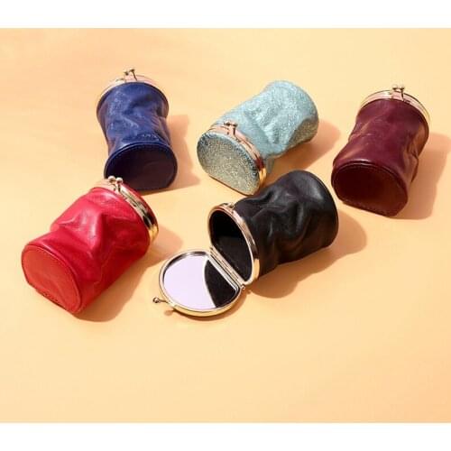 1 PC Women Genuine Leather Makeup Bag Lipstick Case Make UP Bag With Mirror Girls Portable Cylindrical Cosmetic With Mirror