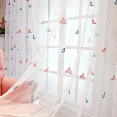 Embroidered White Sheer Curtains Geometric, Grommet Tulle Window Treatment Long Drapes for Living Room, Triangle Curtain Panel