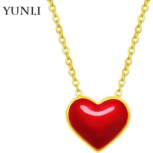 YUNLI Pure 999 Gold Pendant Necklace Real 24K Gold Red Heart Design for Women Fine Jewelry Gift PA001