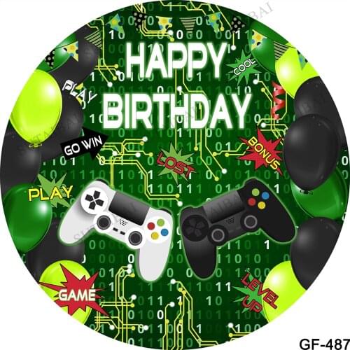 Green Balloon Gamepad Game on Level Up Play Boy Happy Birthday Party Round Backdrop Photography Background Circle Cover Vinyl