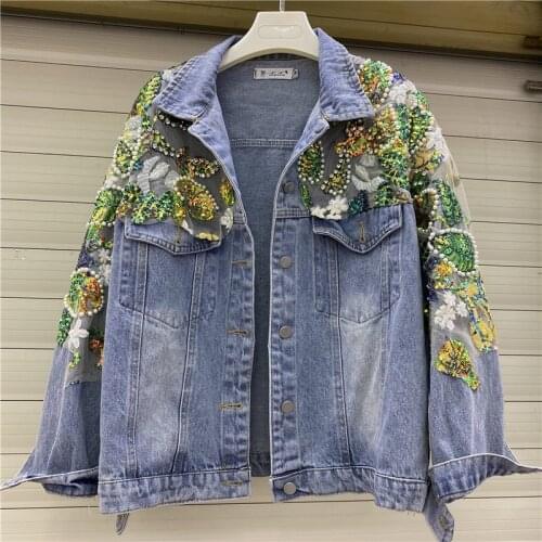 Streetwear Vintage Blue Denim jacket Spring 2021 Fashion Beaded Diamond Color Sequin Flowers Women Casual Harajuku Jeans Jacket