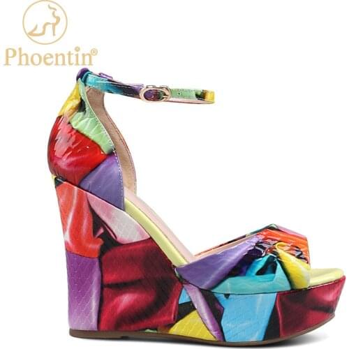 Phoentin 2020 high platform shoes summer multi-colored sandals wedges ankle cross strap buckle party shoes ladies peep toe FT988
