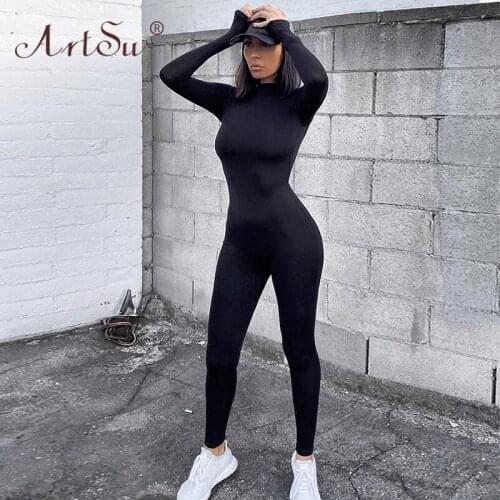 ArtSu 2019 Fashion Winter Rompers Womens Jumpsuit O-Neck Long Sleeve Skinny Solid Black White Basic Sexy Jumpsuit Tracksuit