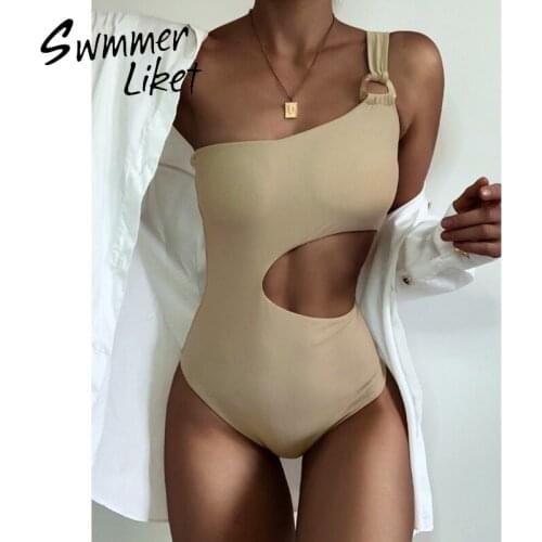 Hollow out one piece swimsuit women Bandeau swimwear female Ring bathing suit One-shoulder bodysuit Vintage monokini 2020 new