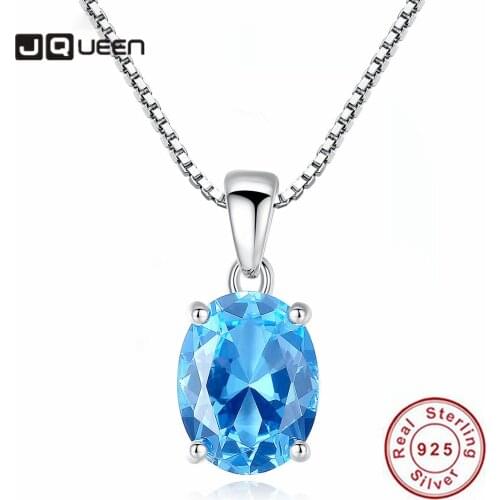 JQUEEN 925 Sterling Silver Sky Blue Topaz Gemstone Oval Pendant Necklace Women Ladies Box Chain S925 Party Necklace